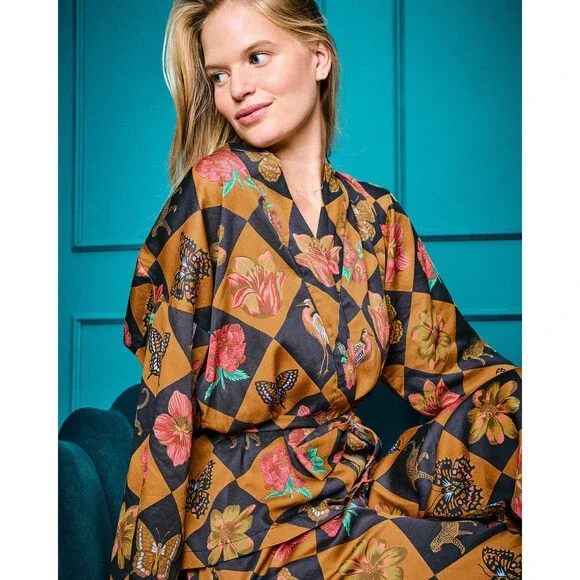 PRINTFRESH Botanical Checkerboard Wrap Pajama Set L - Picture 2 of 6